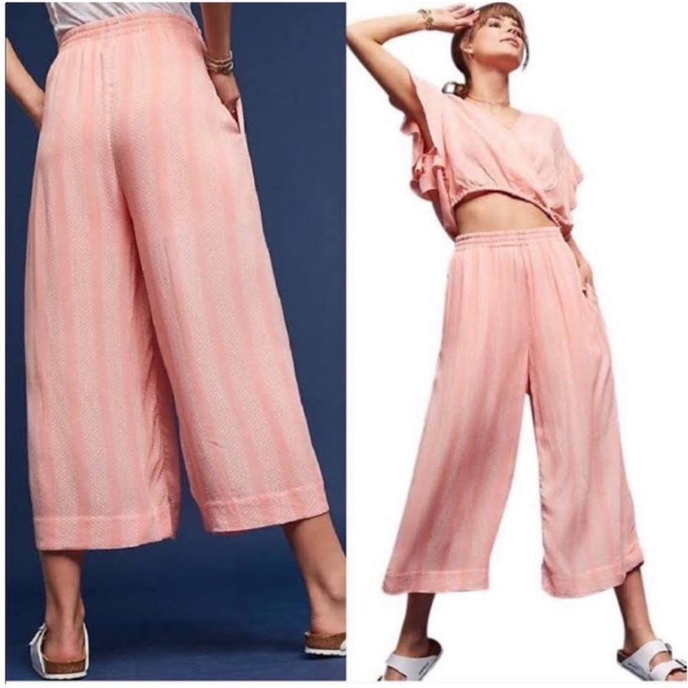 Anthropologie Anthro Maeve Salmon Pink Wide Leg Cotton Capris Large